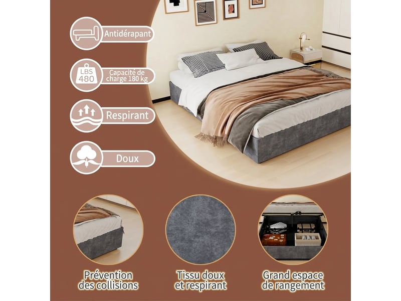  Cadre de lit 160x200 double gris en velours avec mécanisme de levage à gaz - structure robuste  - Conforama E
