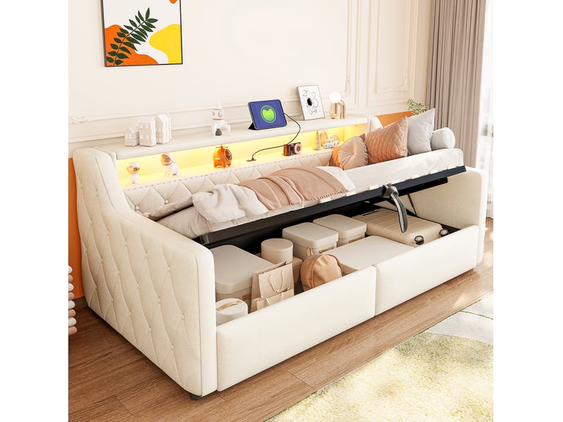  Lit simple 90x200 cm rangement hydraulique led en lin et mdf beige  - Conforama C