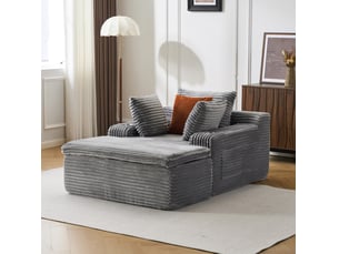 Canapé de sol méridienne 112x165x63 cm, style moderne, 3 coussins, 1 plaid, mousse haute densité, velours côtelé, gris