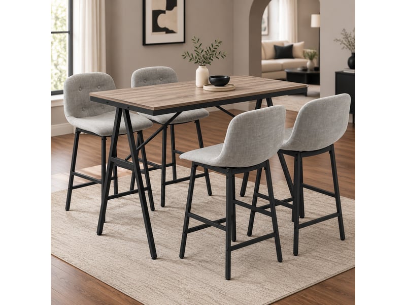 Ensemble table et chaises de bar avec 1 table et 4 tabourets - acier et polyester - marron clair - Conforama C