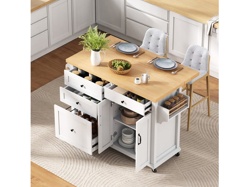  Desserte de cuisine 107 x 45-70 x 90,5 cm blanc et bois clair en mdf, plan extensible à roulettes  - Conforama B