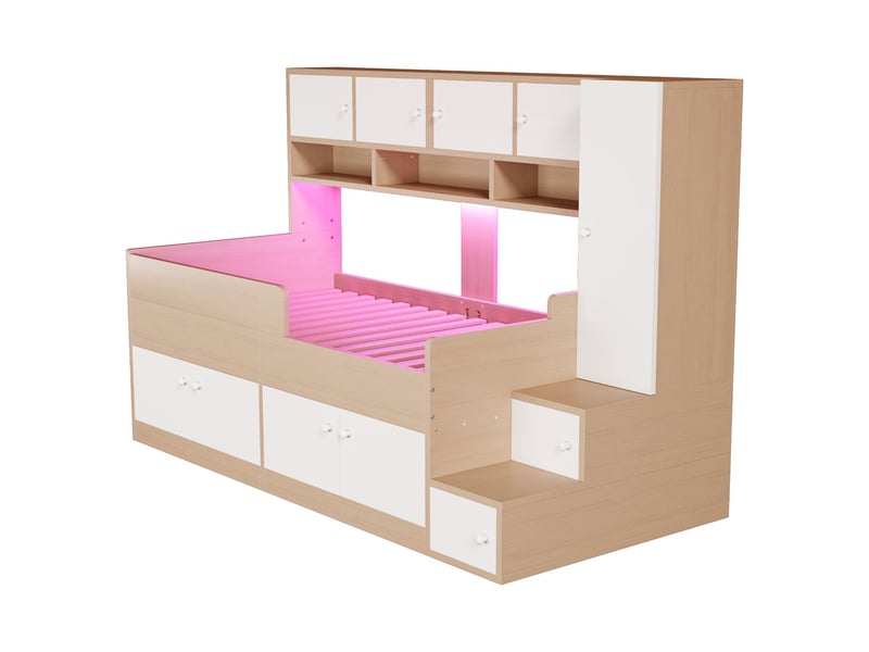 Lit combiné bois enfant 90x200 cm rangement étagères armoire échelle simple led barrières sécurité couleur bois  - Conforama E