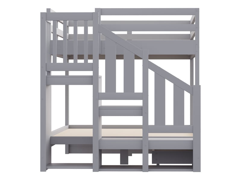 Lit superposé 140 x 200 cm, avec escalier rangement, porte-vêtements, barrières, tiroir, sommier lattes, gris - Conforama E
