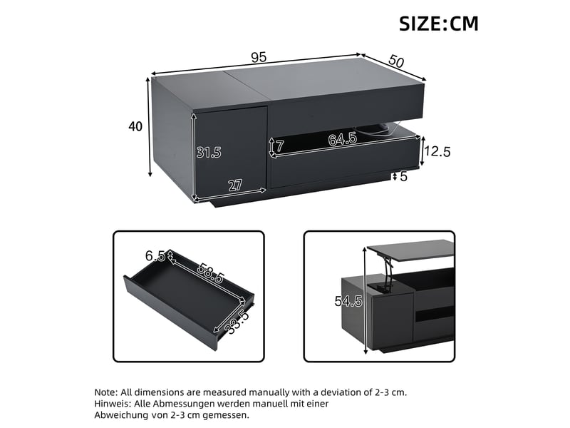  Table basse relevable avec tiroir, placard et led, rangement caché pour salon en panneau de particules noir 95×50×40 cm  - Conforama D