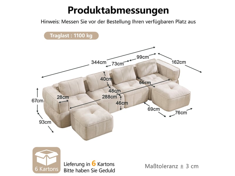  Canapé modulable en u 4 places avec 2 poufs, en polyester beige  - Conforama C