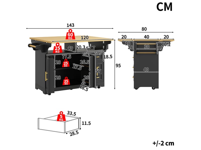  Desserte 2 portes 3 tiroirs - îlot de cuisine mobile avec plateau rabattable 143x40x95 cm en mdf noir  - Conforama C