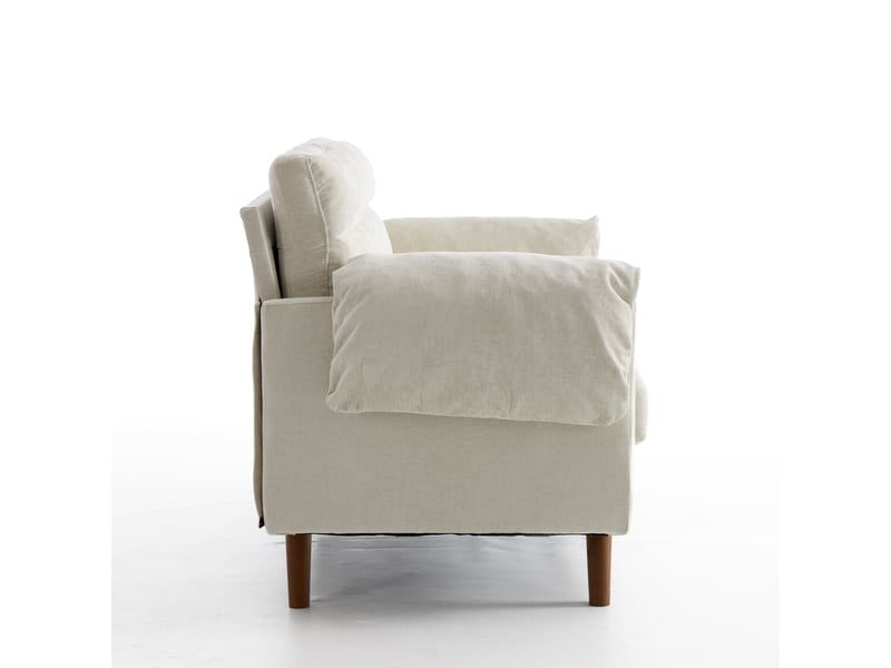  Canapé droit 2 places 124 cm beige en tissu chenille, coussins généreux et pieds effet bois Fay Lum - Conforama E