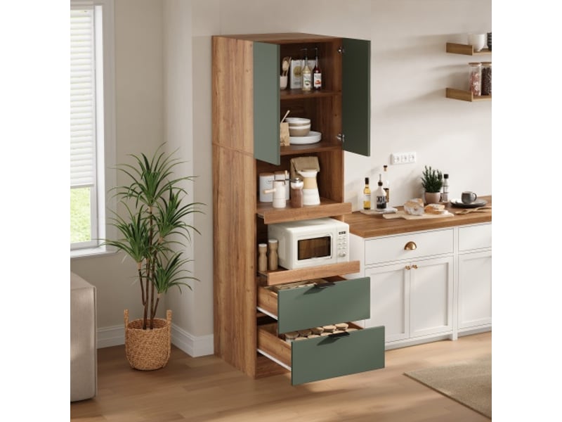  Buffet haut de cuisine 59,5x45x200 cm avec portes, tiroirs et rangements ouverts en mdf vert et aspect bois  - Conforama D