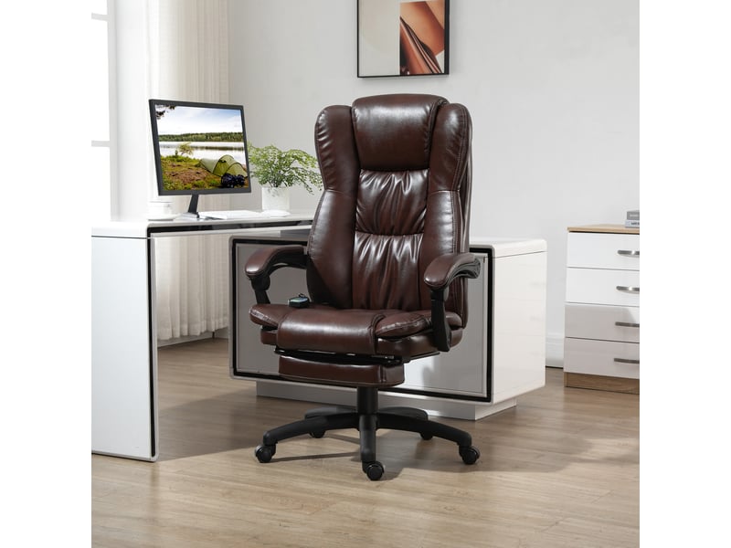  Fauteuil pivotant réglable avec repose-pieds, appui-tête et fonction massage, revêtement en similicuir, 68,5 x 68,5 x 113-121 cm, marron  - Conforama C