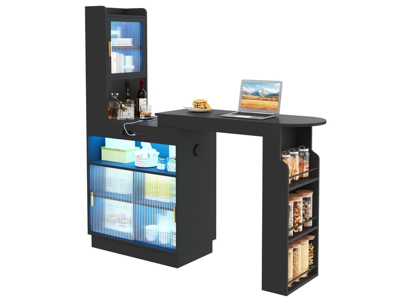 Bar extensible avec rangement 131–170 cm, meuble bar avec portes vitrées, led connectée, prises usb & type-c - noir - Conforama A