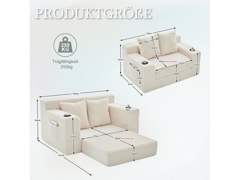  Fauteuil pouf double avec coussins, poches latérales et accoudoirs en velours côtelé beige, 151 × 133 × 64 cm  - Conforama D