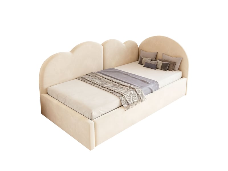  Lit gigogne 90 x 200 + 90 x 190 cm lit gigogne enfant gain de place tête de lit forme nuage forme en l extensible revêtement velours beige cadre rembourré  - Conforama A