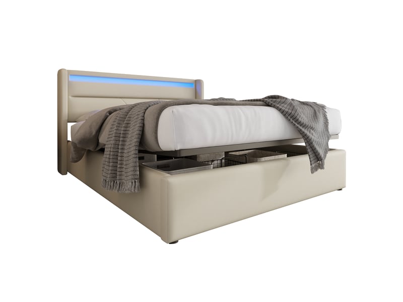  Lit coffre adulte 160x200 cm – blanc – rangement hydraulique, led télécommandée et sommier à lattes  - Conforama A