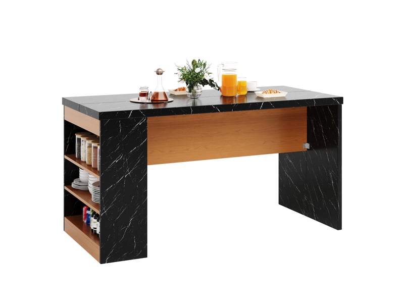  Îlot de cuisine 155x80x90cm avec éclairage led intégré et prises, plan de travail 40mm, couleur noir et naturel  - Conforama R