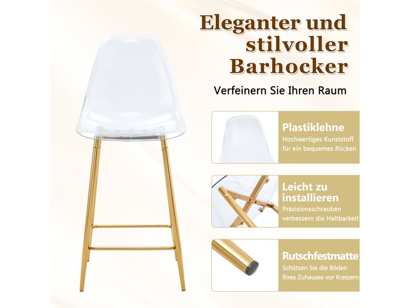  Tabouret de bar lot de 2 avec dossier et repose-pieds, en plastique transparent et métal doré, 51 × 45 × 102 cm  - Conforama E