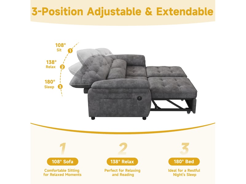  Canapé-lit 3-en-1 142x90 cm – gris – dossier réglable, couchage double et ports usbtype-c intégrés  - Conforama E