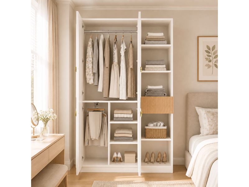  Armoire penderie blanc et bois, garde-robe 135x50x200 cm avec 2 barres et étagères, meuble de rangement pour chambre et salon  - Conforama B