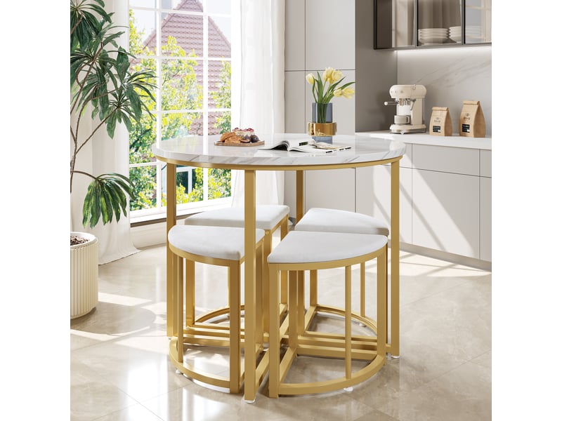  Ensemble table à manger et 4 chaises, table ronde blanche en mdf 80 cm, sièges en velours et structure métallique dorée  - Conforama B