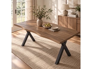 Table à manger rectangulaire 180x78x75 cm pour 4 à 6 personnes, plateau mdf avec bord ondulé, pieds métal en x design moderne - noyer