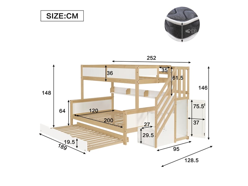 Lit superposé enfant 200×90 cm et 200×120 cm avec lit gigogne 190×90 cm, escalier de rangement et armoire, sans matelas  - Conforama D