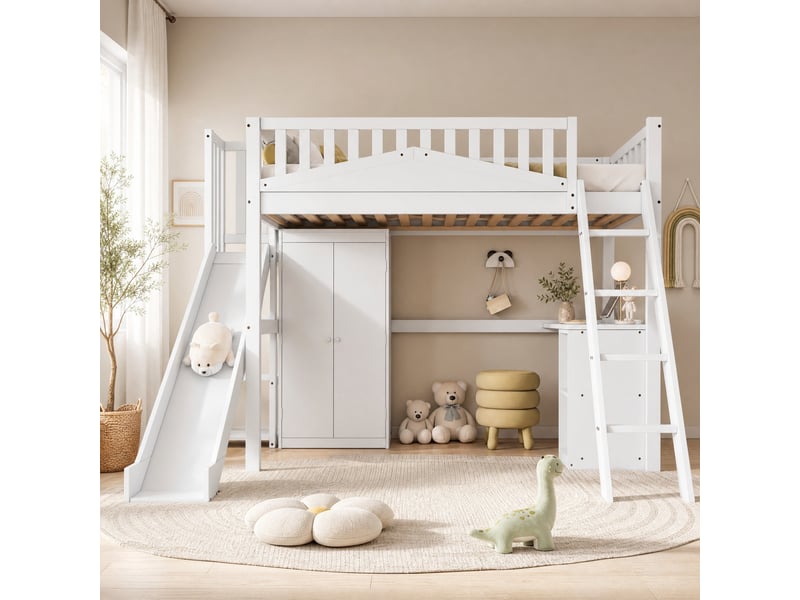  Lit mezzanine enfant 90x200 cm avec toboggan, bureau et armoire blanc  - Conforama D