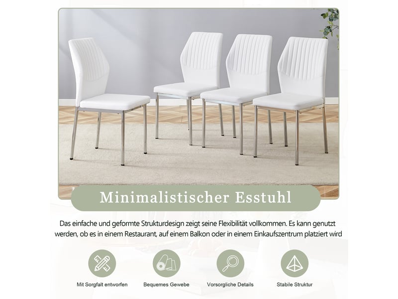  Lot de 4 chaises de salle à manger en cuir pu blanc, pieds en métal argenté, style luxe léger, hauteur 93 cm  - Conforama D