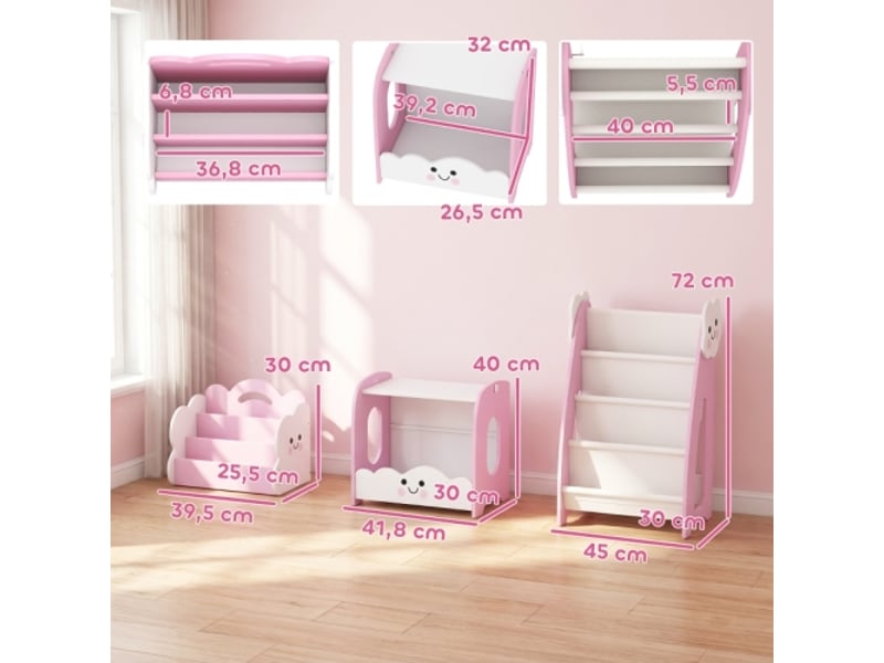 Meuble rangement enfant 3 en 1 rose, bibliothèque modulable, 4 poches, 3 niveaux, table de chevet - Conforama C