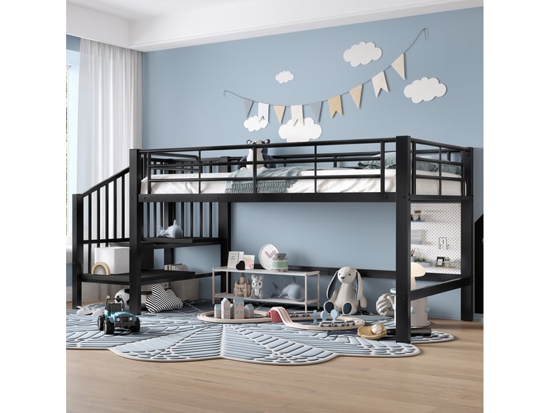  Lit mezzanine mi-hauteur enfant 90x200 cm avec escalier de rangement noir  - Conforama B