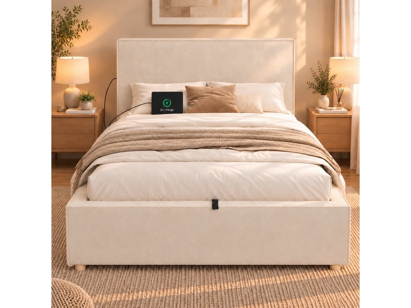  Lit coffre 90 x 200 cm beige rembourré avec rangement hydraulique et sommier à lattes, sans matelas  - Conforama B