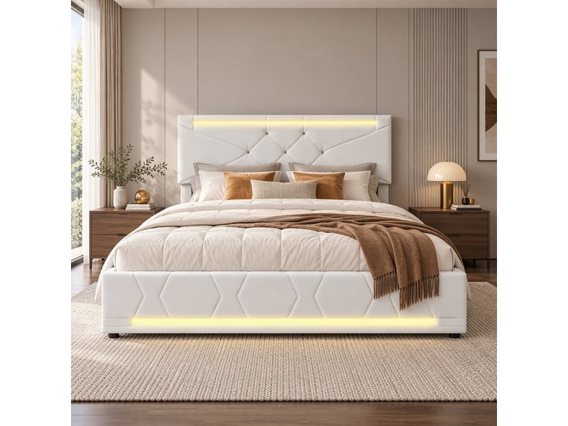  Lit coffre 2 places 140x190 cm, lit adulte, rangement, tête de lit réglable, led, ports usb, style simple, lin beige  - Conforama C