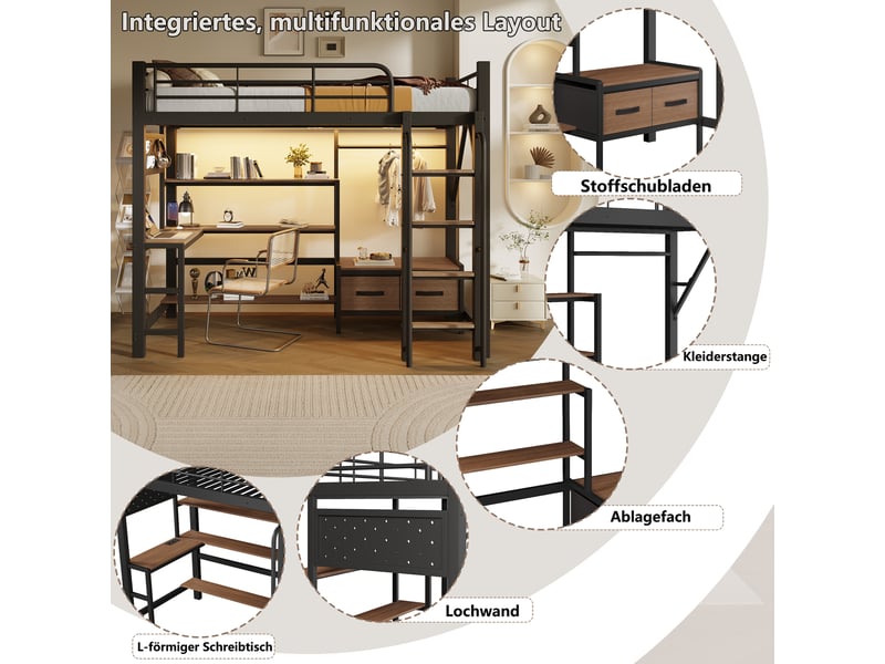  Lit mezzanine enfant 1 place 90×200 cm bureau, led réglable et usb  - rangement, sans matelas métal mdf noir  - Conforama E
