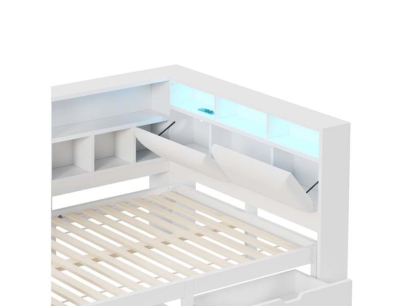 Lit enfant en l 140x200 cm avec bureau, tiroirs et led, mdf et lin, blanc, sans matelas - Conforama R