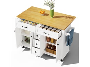 Îlot de cuisine blanc et naturel 140 x 65 x 89 cm – chariot de cuisine roulant avec plan extensible 120 x 65 cm, 5 tiroirs et 2 placards