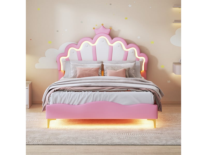  Lit double 140x200,lit princesse,lit de couronne,tête de lit en forme de couronne,bande lumineuse led réglable,pu,rose  - Conforama D