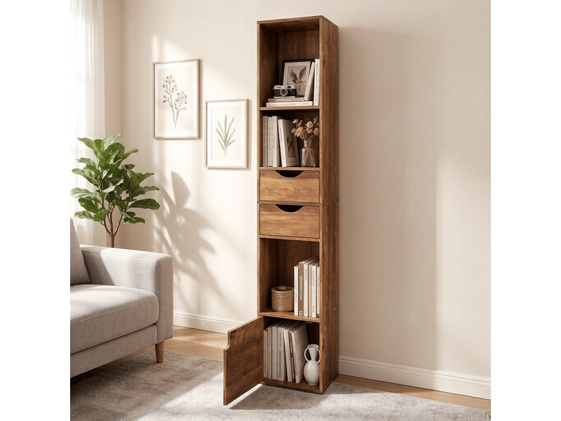  Bibliothèque haute étroite moderne, étagère de rangement salon et bureau avec présentoir  - Conforama B