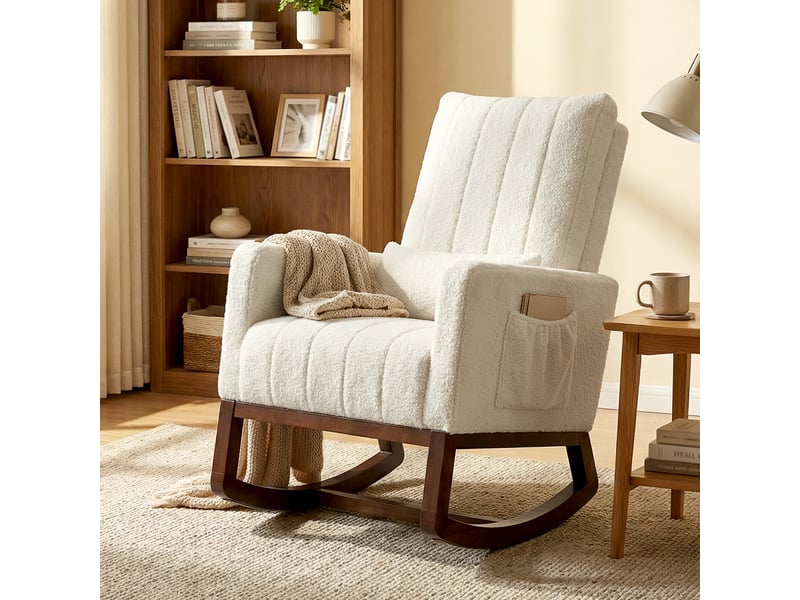  Fauteuil à bascule, rocking chair en flanelle neige rembourré, coussin lombaire, dossier haut, poches latérales, crème  - Conforama D