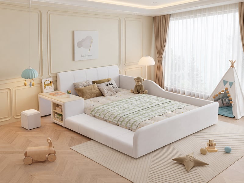 Lit enfant rembourré avec bureau et tabouret - 140x200cm - niches de rangement et tête de lit rembourrée - avec sommier à lattes - blanc - Conforama B