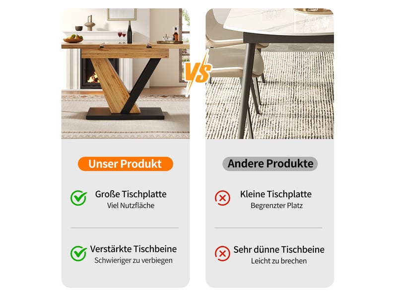  Table à manger rectangulaire extensible 120-160x75x75,5 cm, table de cuisine et salon avec rallonges, plateau effet bois, mdf, bois naturel BUYDEEMEUS - Conforama R