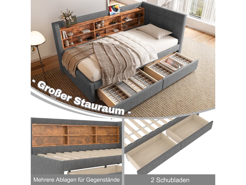  Lit banquette gris 90x200 cm en lin avec 2 tiroirs, ports usbtype-c et étagères  - Conforama E