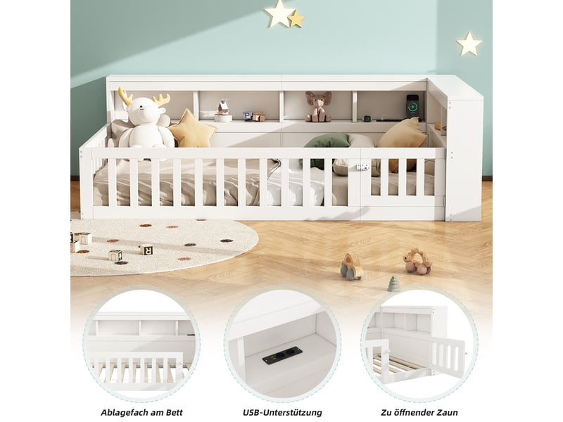  Lit enfant 90x200 cm, canapé-lit,  rangement, prise et usb, sommier, aggloméré, blanc, sans matelas  - Conforama D