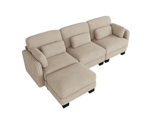 Canapé d’angle modulable 253 cm 3 places avec pouf, coussins d’accoudoir amovibles, coussins lombaires épais à soutien renforcé, chenille, marron clair
