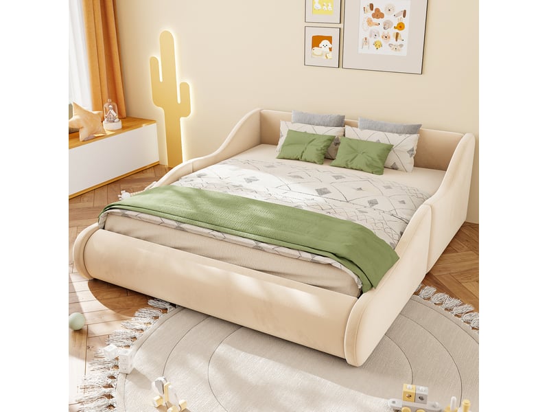  Lit enfant rembourré 140x200 cm en tissu velours avec tête de lit haute et protections latérales beige chicfurn  - Conforama B