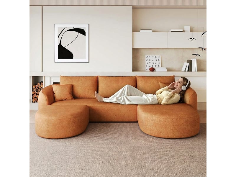  Canapé d'angle en u 266cm modulaire en tissu chenille 4 places orange  - Conforama B