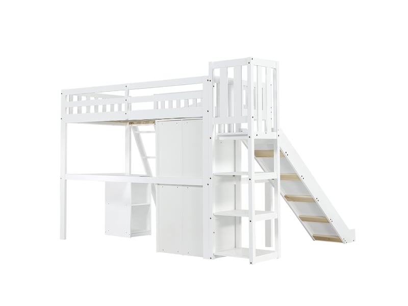  Lit superposé pour enfant, avec barrière de sécurité, table et armoire, grand espace de rangement, échelle à quatre marches, pin + mdf + contreplaqué, blanc, 90 x 200 cm  - Conforama E