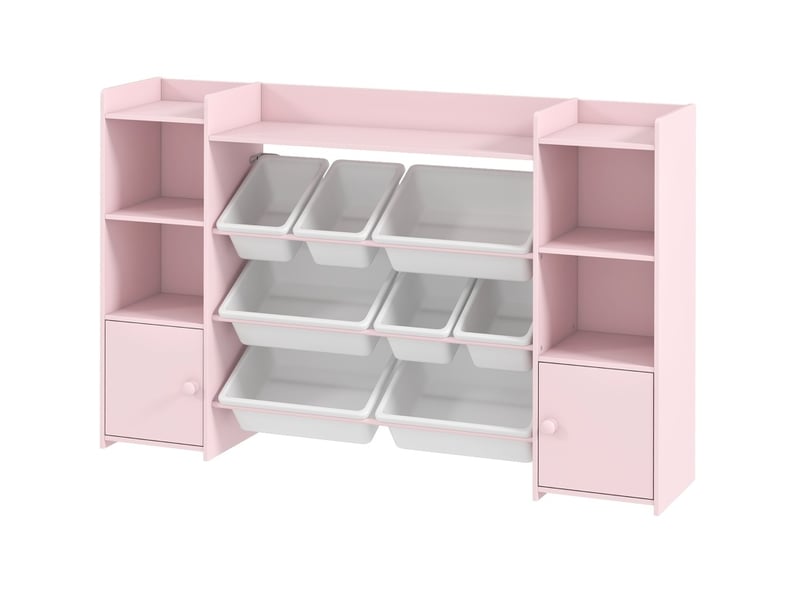  Meuble de rangement enfant 140x30x90 cm rose en mdf et métal, 8 boîtes amovibles pour jouets et livres  - Conforama D
