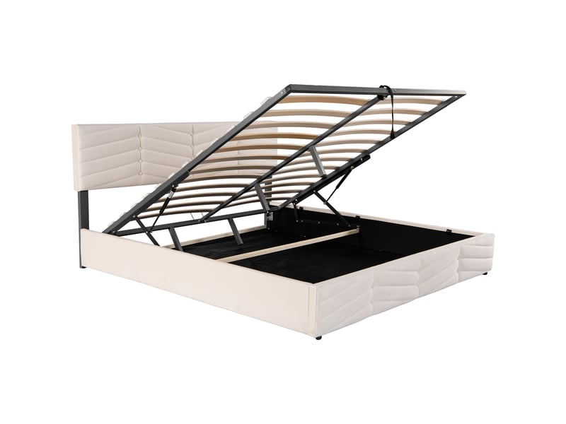  Lit double 160x200 cm velours beige – tête de lit rayée réglable avec coffre hydraulique  - Conforama E