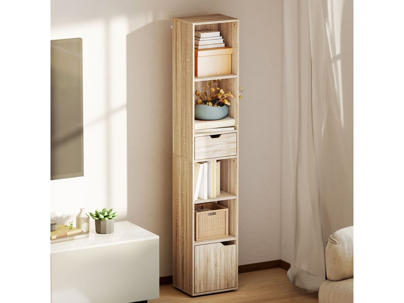  Bibliothèque ouverte à 4 niveaux avec placard et tiroir, 30 x 24 x 158 cm, couleur bois  - Conforama D
