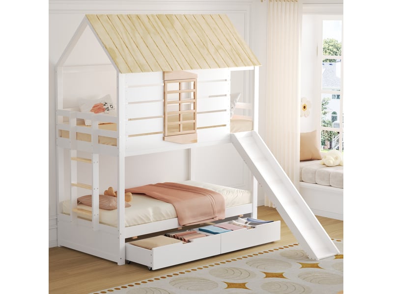  Modenvie lit superposé cabane 90x200 cm - avec toboggan, 2 tiroirs, fenêtre coeur - blanc et naturel  - Conforama B