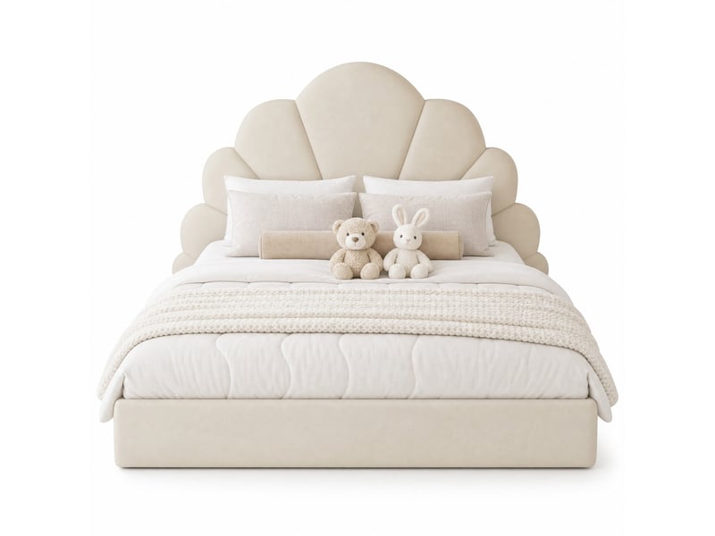  Lit double capitonné 140x200 cm en velours beige avec tête de lit en pétales  - Conforama A