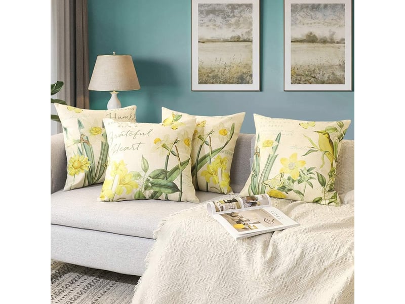  Lot de 4 housse de coussin - extérieur housse de coussin, lot de 4 imperméable jonquille motif canapé taie d'oreiller pour patio jardin salon chambre décoration, 45 x 45 cm, jaune  - Conforama C